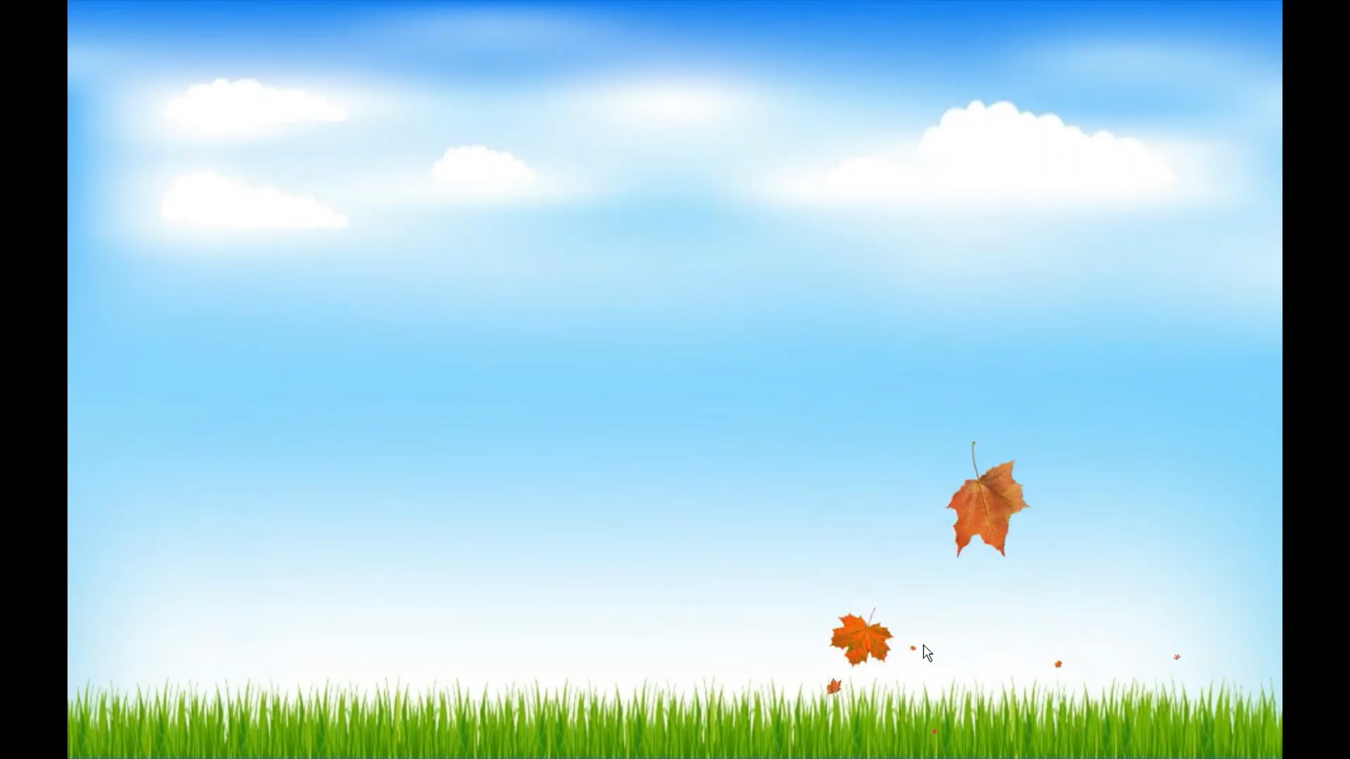 The Particle activity, the image shows a blue sky with green grass, as the user touches the image a particle effect of the chosen image pack will appear, in this case leaves are cascading over the blue sky.