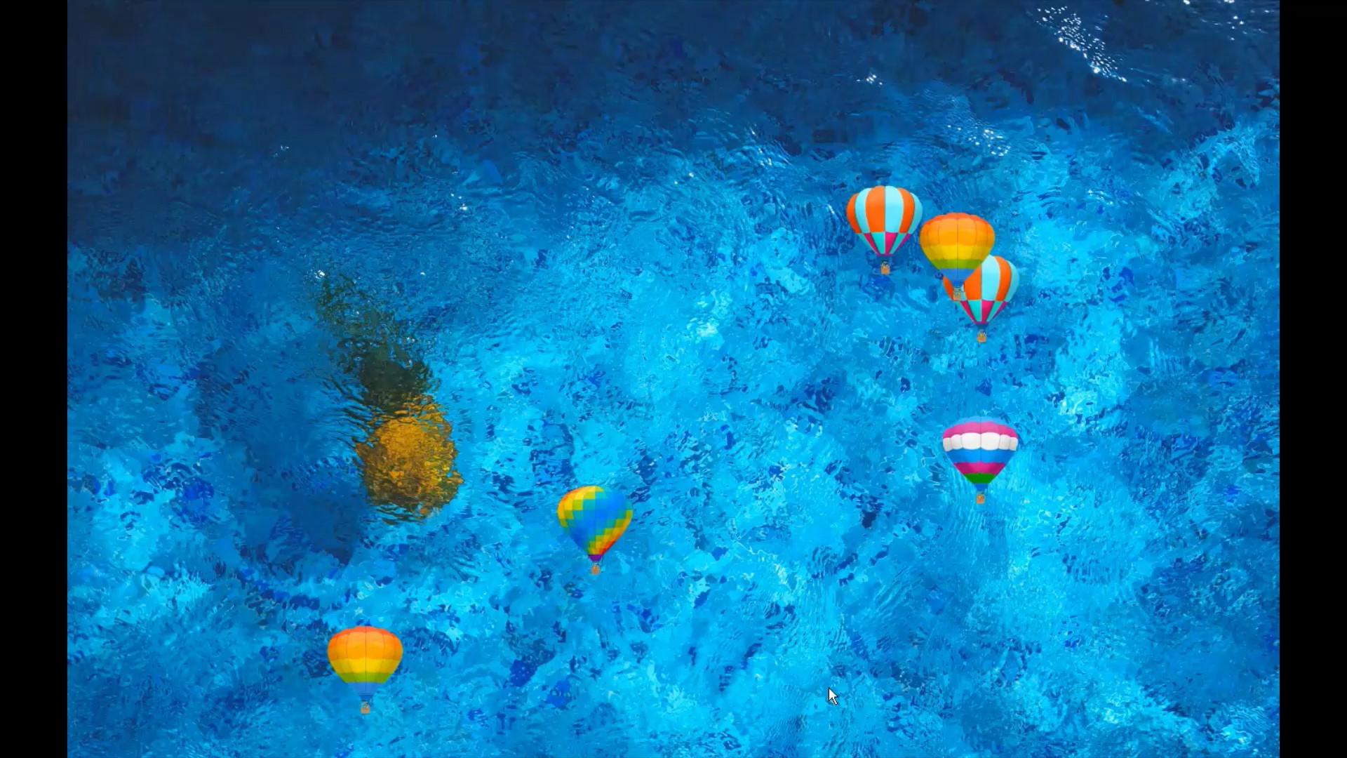 Hot air balloons are floating over the image of the blue swimming pool with a pineapple at the bottom. When the user touches the hot air balloons they will splat.