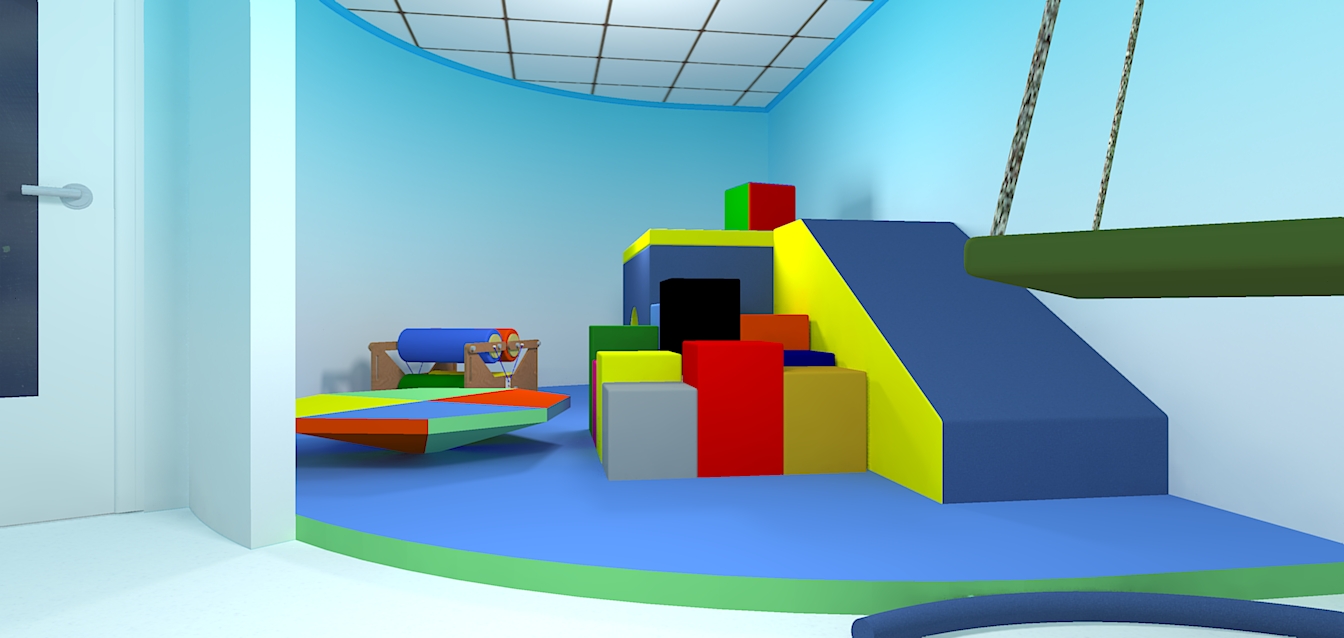 3D concept drawing of a sensory integration room for a school which includes soft padded climbing steps and slide