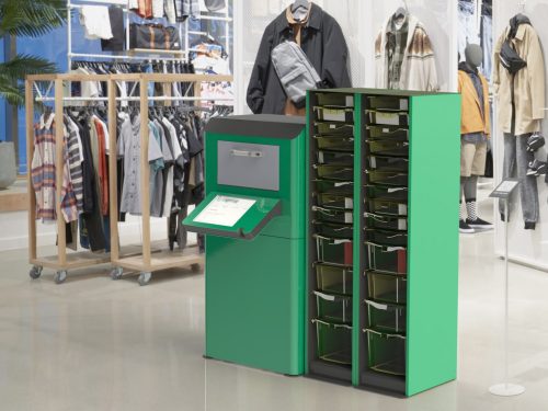 floor standing self serve postal kiosk solution in green for PUDO (pick up drop off), demonstrating the low cost pick off and high security drop off