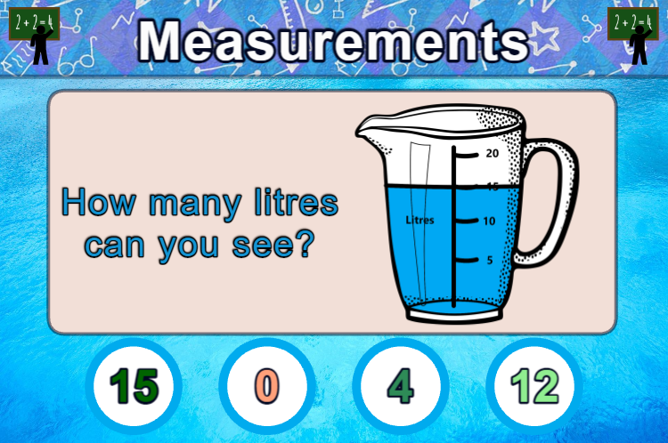Mathematics content provided as part of the Imaginate suite software installed on all the SENse range of interactive projection, this activity is asking how many litres of water is in the jug and gives multiple choice answers.