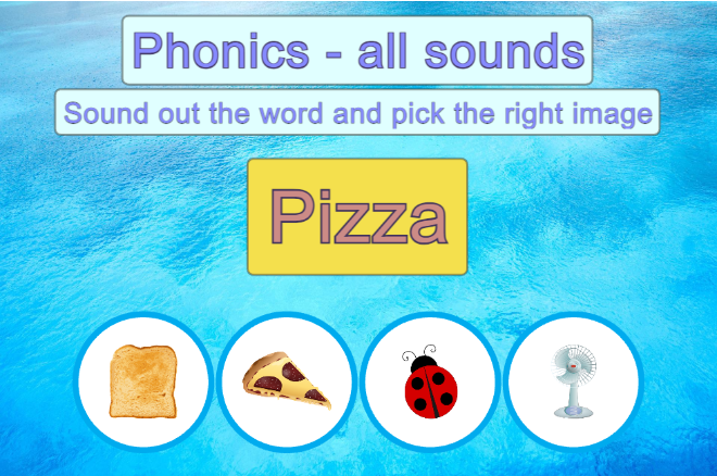 Phonics activities provided as part of the Imaginate Suite which is included on all the SENse range of interactive projectors. This activity is showing the word pizza and asking the user which is the right picture for the word.