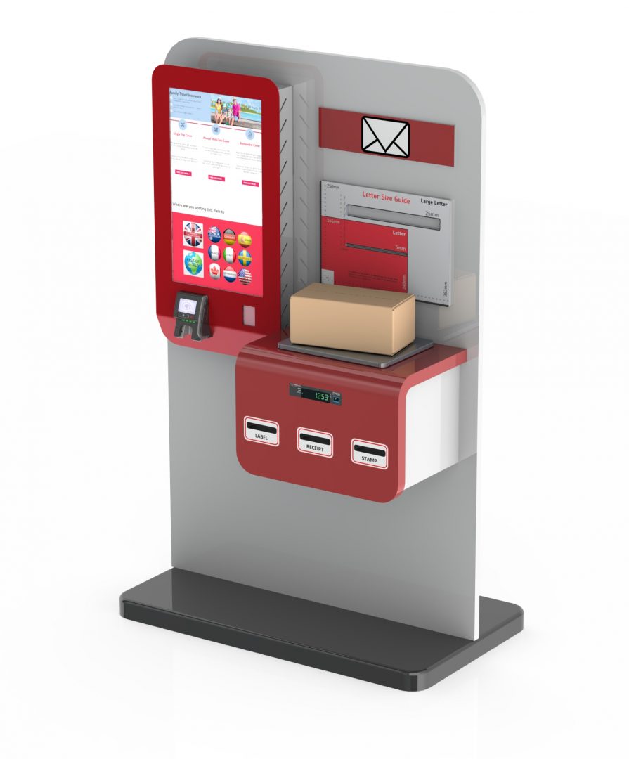 Table top / floor standing self serve postal kiosk solution in Royal Mail red